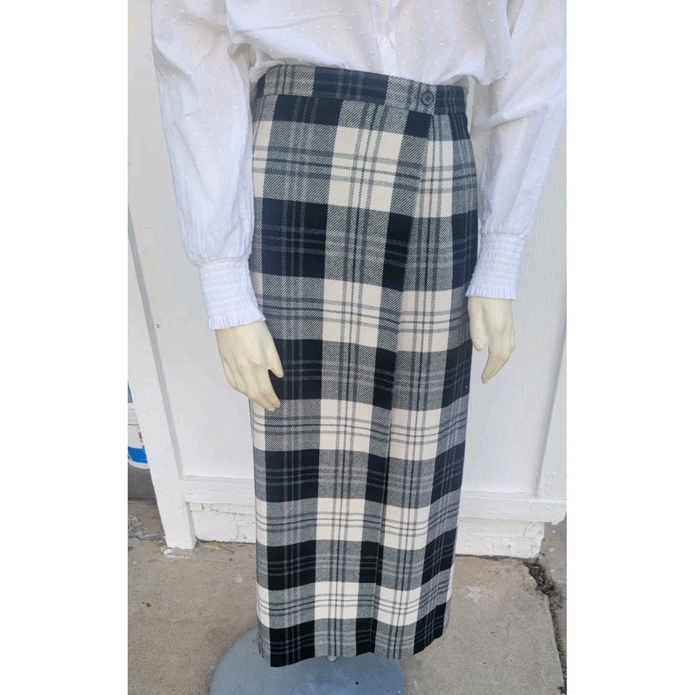 Vtg Tartan Plaid Wool Blend Wrap Maxi Skirt EVAN PICONE Size 14 90s Y2K  Blk WHT